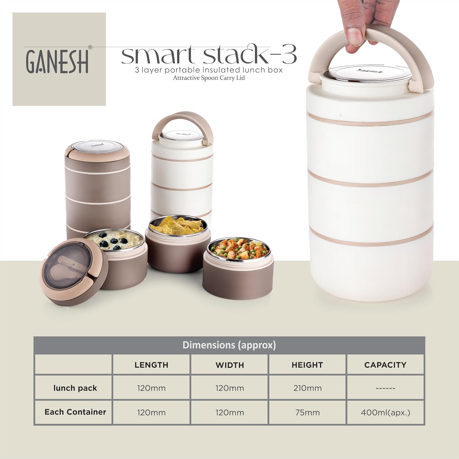 Ganesh Smart Stack 3 Layer Protable Lunch Box Stainless Steel Airtight Leak-Proof Lunch Box for Office, School, Picnic -Brown, 1200 Milliliters — Amazon image 7