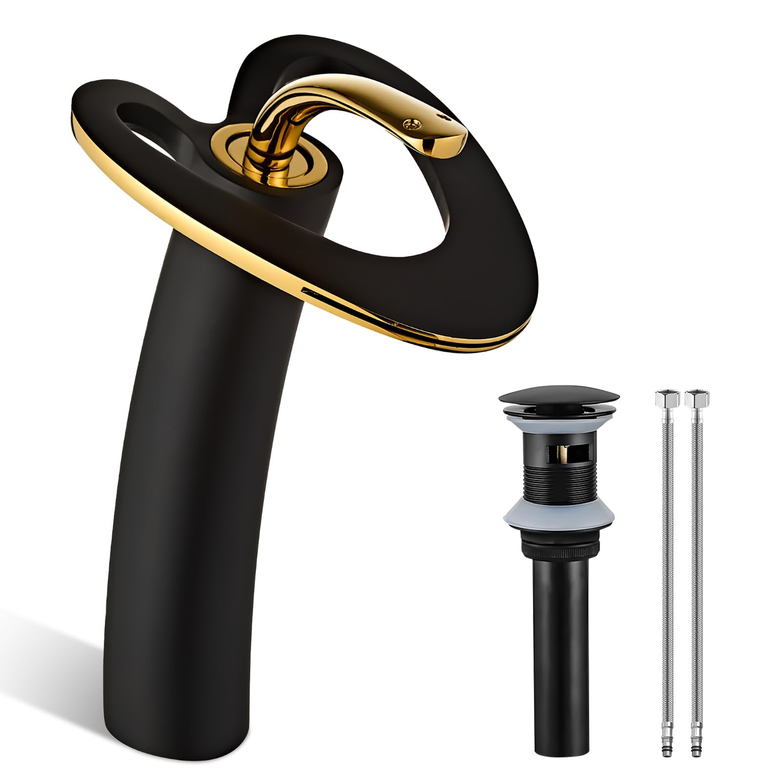 Photo 1 of Black Gold Vessel Sink Tall High Brushed Brass Unique Modern Single Handle 2 Tone Luxury Tall Unique Bathroom Faucets, Vanity Taps with Pop up Drain for RV Bar Laundry