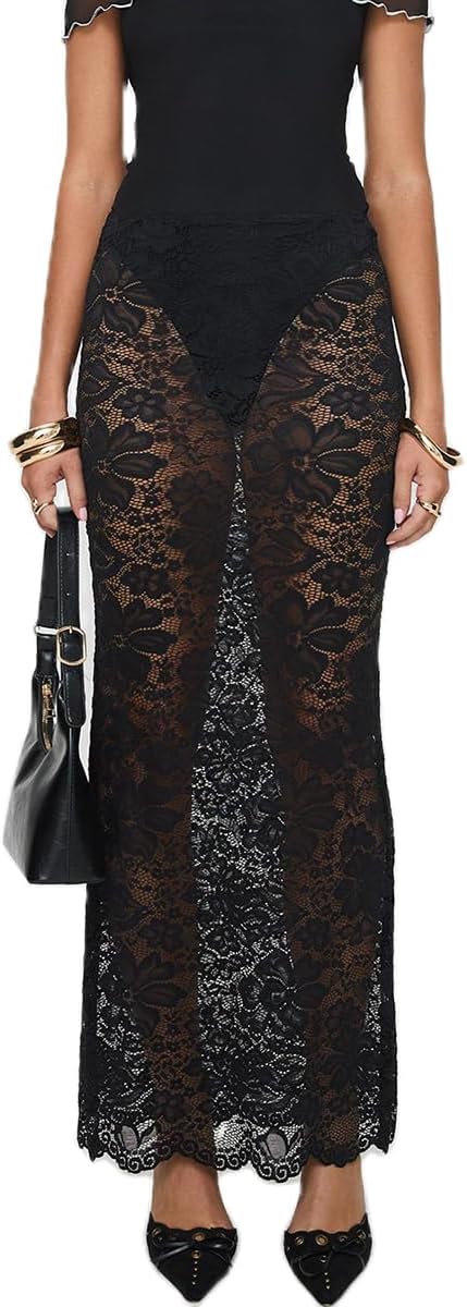 Women Sheer Lace Maxi Skirt Y2K Sexy Floral Mesh See Through Low Waist Flowy Long Skirt Vacation Beach Party Skirts
