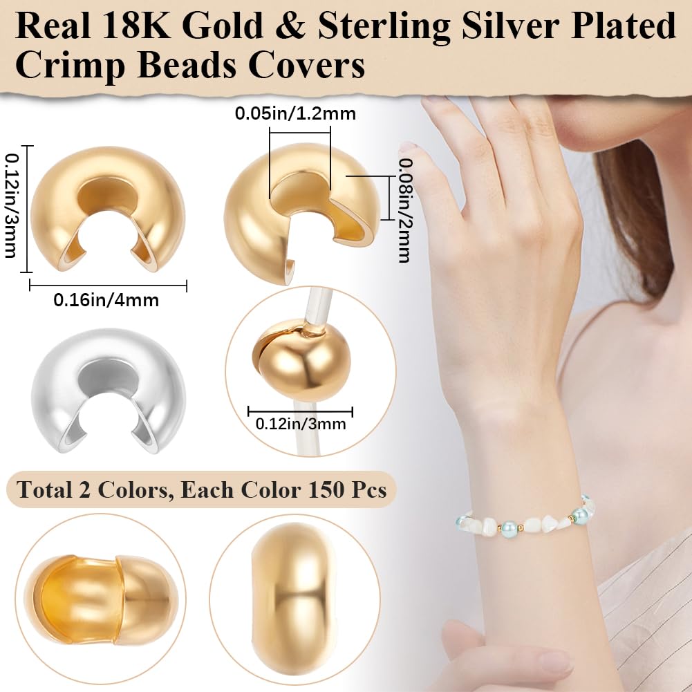 Beebeecraft 300Pcs 2 Color Crimp Bead Covers 4x3mm 24K Gold&925 Sterling Silver Plated Small Half Round Open End Crimp Bead Covers Knot Cover with Storage Box for Jewellery Making Bracelets Crafts - Image 2