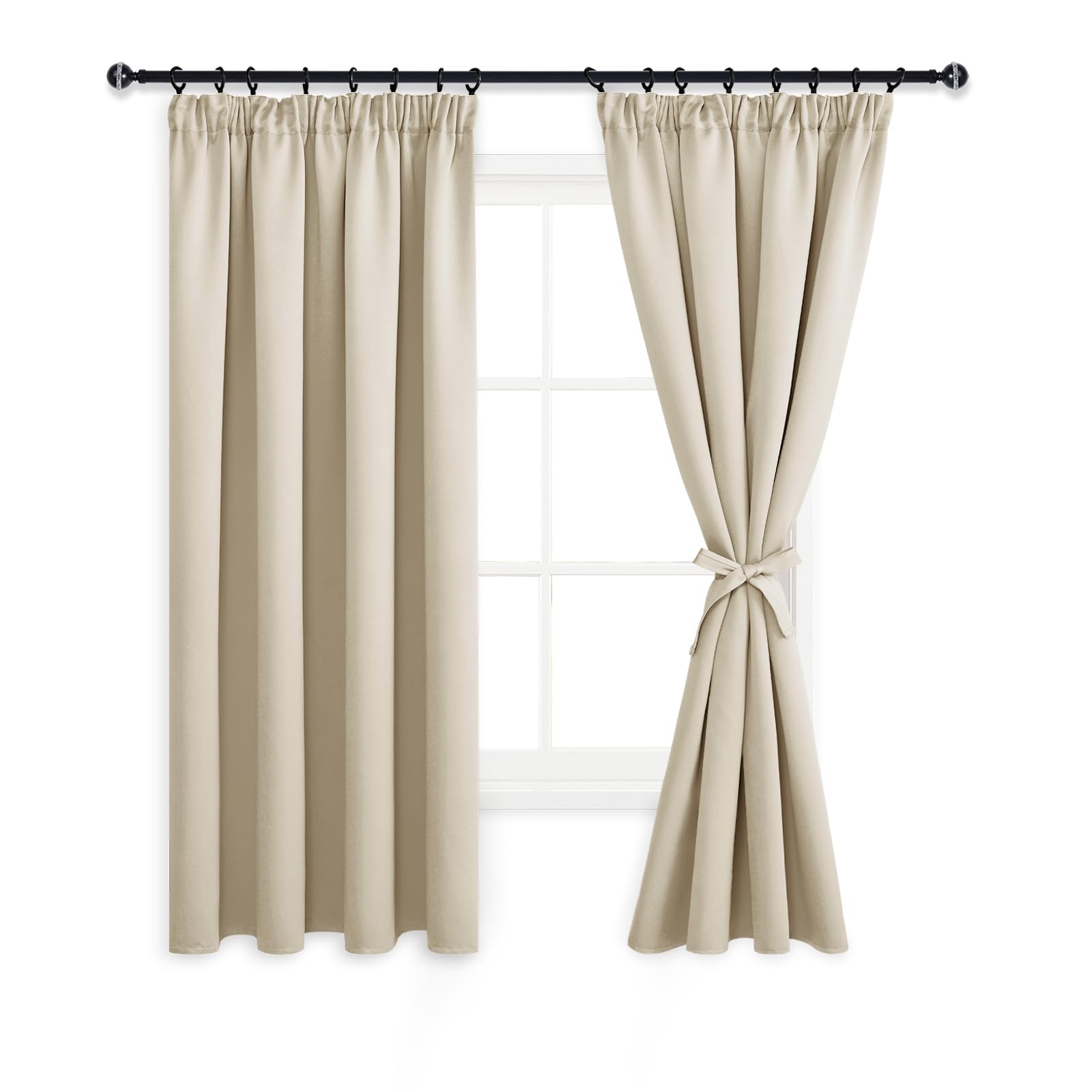 DWCN Vorhänge mit Kräuselband 2er set Blickdicht Wohnzimmer, H 175 x B 140 cm Gardinen Verdunkelungsvorhang mit Vorhang-Krawatten, Wärmeisolierend Thermovorhang für Schlafzimmer Wohnzimmer, Hell Beige