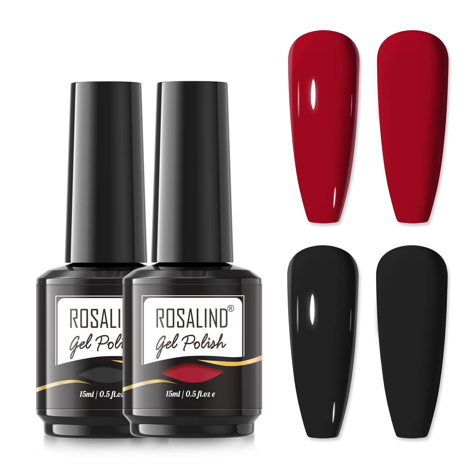 ROSALIND Rojo Negro Colores Esmaltes Permanentes Para Uñas, 15ml Permanente Gel de uñas Semipermanente Lámpara UV LED, Kit Manicura, Red Black Color Gel Nail Polish 2Pcs