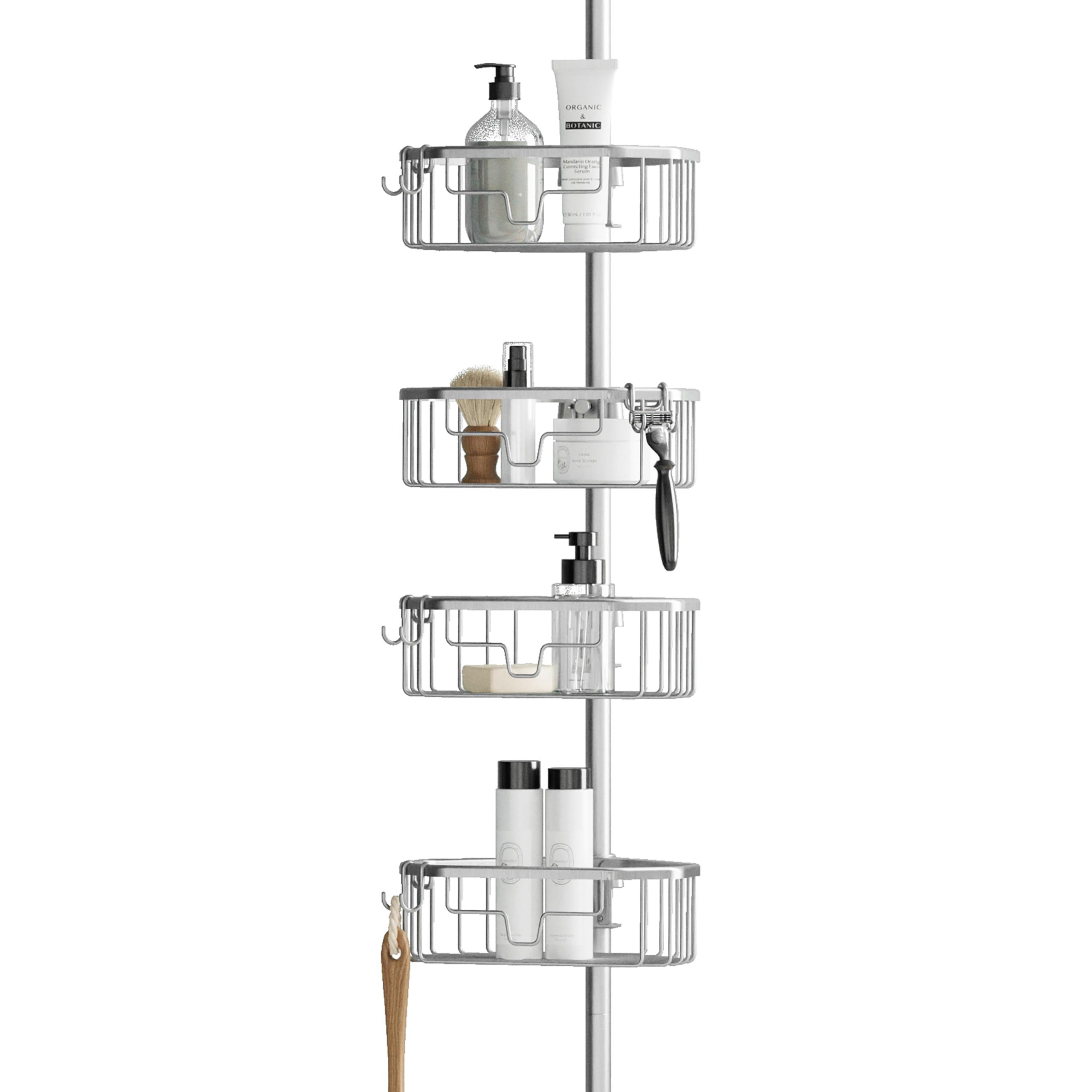 Zenna Home Tension Pole Shower Caddy Corner Organizer, Adjustable Standing Shower Caddy with 4 Shelves, Rustproof Bathroom Tension Rod Organizer, 60 to 108 Inch, Satin Chrome