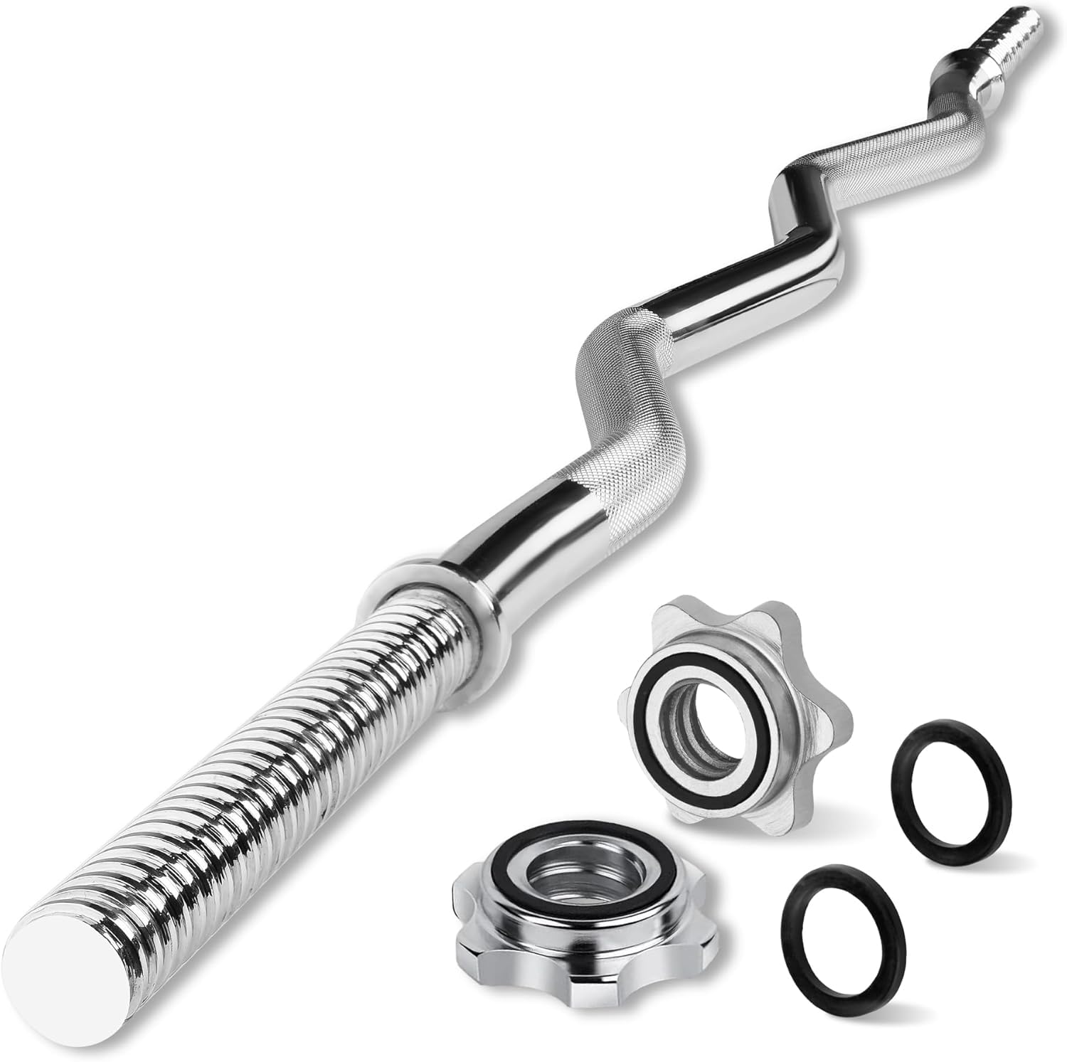 120cm Standard Straight Barbell Bar & EZ Curl Barbell Bar, 220Kg Max Weight Bar 2.5cm Diameter - Star Lock Collars & Rubber Ring for Deadlifts, Squats