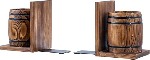 Miniatura 6 de MyGift Sujetalibros rústico de madera maciza marrón quemado con diseño de barril de vino, extremos de libros de escritorio de oficina y soportes