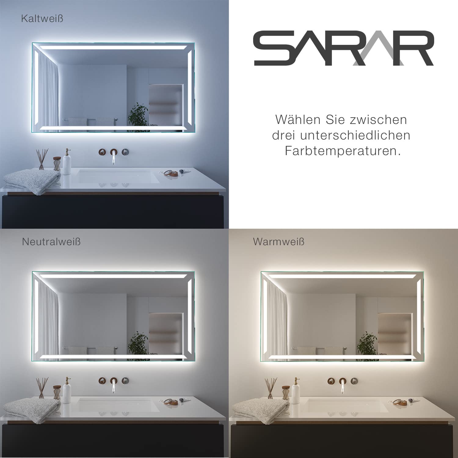 SARAR LED Badspiegel Spiegel Badezimmerspiegel mit Beleuchtung 130x80 cm Made in Germany eckiger Wandspiegel Mirror Spiegel Bad mit Licht Pesaro