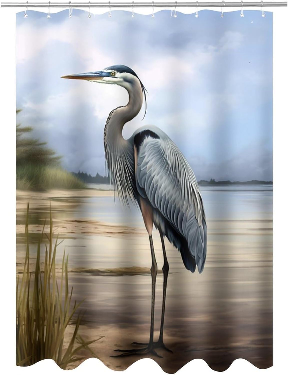 Beach Blue Heron Shower Curtain, Rustic Ocean Coastal Bird Waterproof Bath Curtains, Polyester Fabric Bathtub Curtain for Bathroom Decor 66x72Inch(168x183cm)