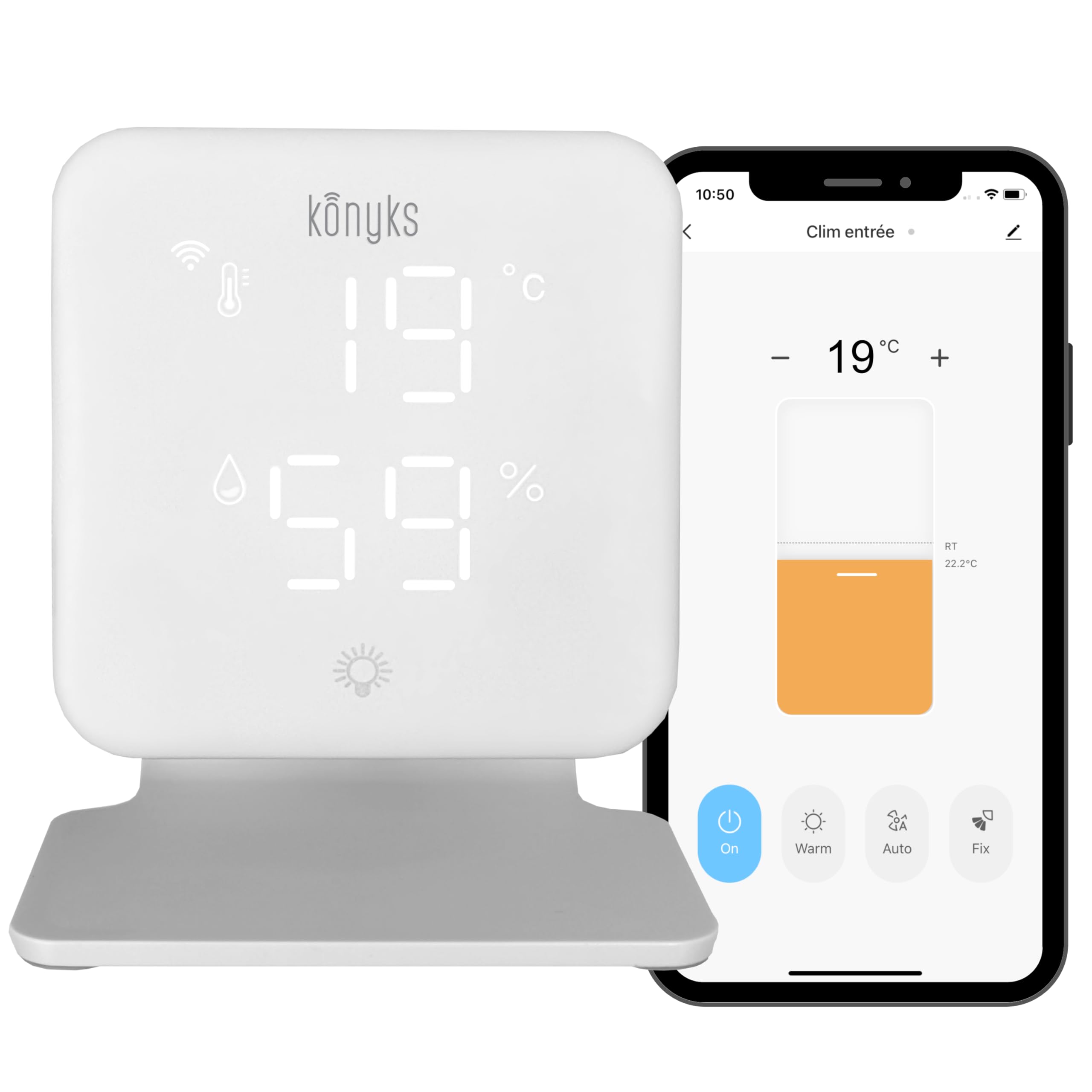 Konyks Climpac - Termostato de Red Wi-FI para Aire Acondicionado y Bomba de Calor, Control Remoto, Control por Voz, termómetro e higrómetro