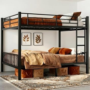 Mixcous Queen Over Queen Bunk Bed, Heavy Duty Metal Queen Bunk Bed Frame with Full-Length Guardrails & EVA Anti-Slip Ladder for Adults, Noise-Free, No Box Spring Needed, Black