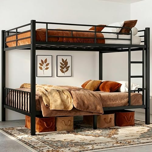 Mixcous Queen Over Queen Bunk Bed, Heavy Duty Metal Queen Bunk Bed Frame with Full-Length Guardrails & EVA Anti-Slip Ladder for Adults, Noise-Free, No Box Spring Needed, Black