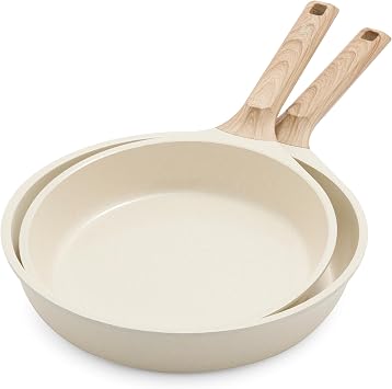 GreenChef Arte PFAS-Free Ceramic Nonstick Frying Pan Set, 24cm & 28cm, Induction Compatible, Wood-Effect Stay-Cool Handles, Easy Clean, Cream