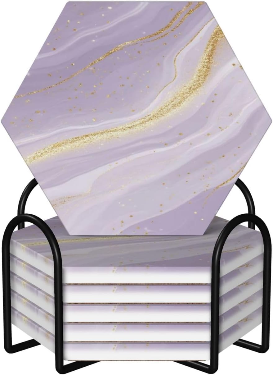 Purple Marble Gold Glitter Coasters Set of 6 with Holder Drink Coaster Back Non-Slip Tabletop Protection Coffee Bar Accessories of Cups Housewarming Gifts Home Decor 4 Inches