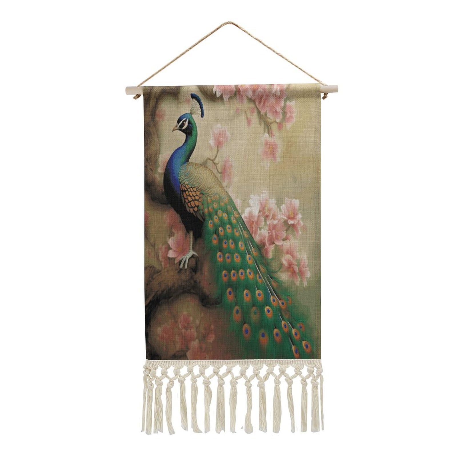 VstaDank Oriental Peacock on Flower Tree Wall Art Decor with Tassels 20"x10" Cotton Linen Hanging Tapestry Decor Wall Art Prints Wood Frame Boho Wall Art Poster for Bedroom Living Room Office