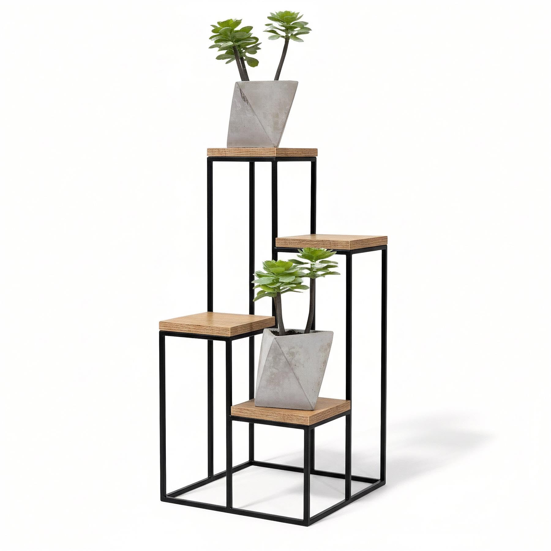 Geezy Brown 4 Tier Metal Plant Stand - Tall Wooden Flower Pot Display Shelf For Living Room - Industrial Indoor Corner Rack Holder For Multiple Plants, Home, Garden, Patio Or Balcony