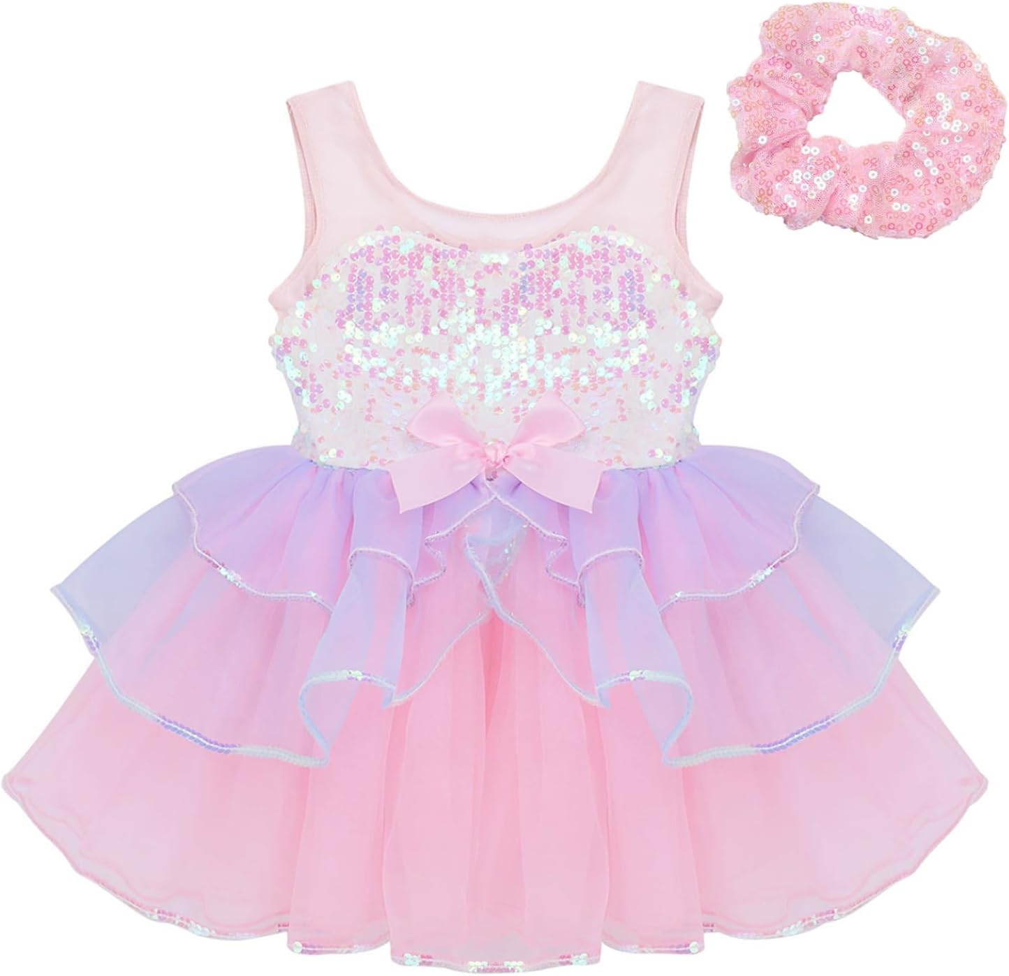 Kids Girls Sleeveless Shiny Sequins Ballet Gym Dance Leotard Tutu Dress with Hair Tie Ballerina Costume
