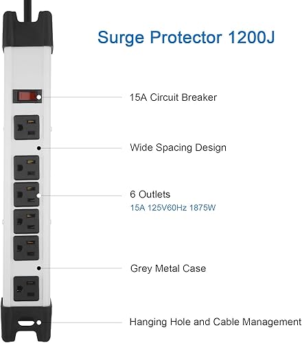 Miniatura 10 de Protector de sobretensiones resistente, regleta de alimentación industrial de 6 salidas con 15 A, tira de alimentación de metal para taller de