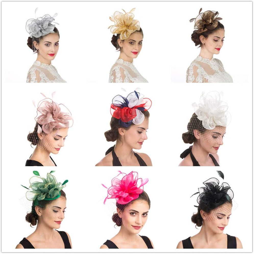 SAFERIN Women's Fascinators Feathers Tea Party Hat Veil Headband with Hair Clip for Cocktail Church - Image 2