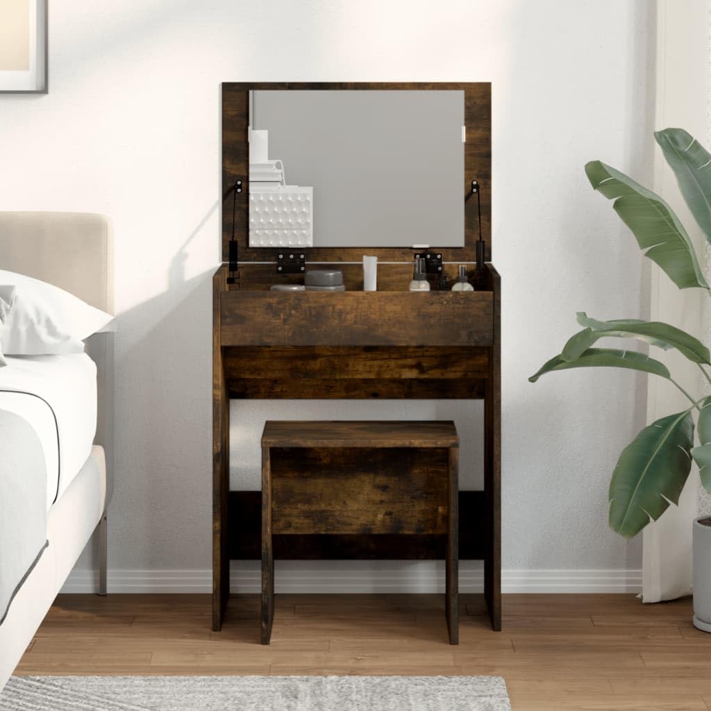 Générique Schminktisch aus Holz, Raucheiche, 60 x 40 x 113,5 cm | Mit Spiegel, 1 Aufbewahrungsfach, Wandbefestigung inklusive, für Schlafzimmer