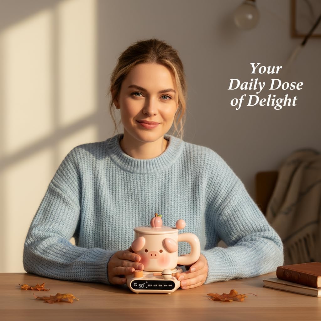 Women's Cute Piggy Ceramic Coffee Mug Warmer Set Heated Coaster Gift for Girlfriend, Keeps Beverages Warm (Pink)