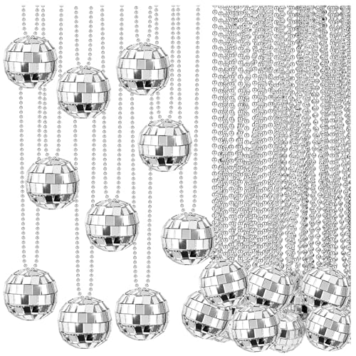JMZYJZH 25Pcs Disco Ball Necklaces Mini Silver Mirror Disco Necklaces Bulk for 70s Party Favors Decorations
