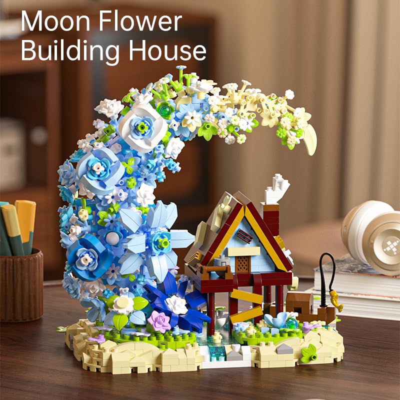Image of SKY LINE OCEAN Moon Flower Mini Bricks Building Set ||1343 PCS || Fairy Crescent Moon Cabin & Blue Flower Bouquet Botanical Collection || (Complex,only for 14+) 6 Months constructional Warranty