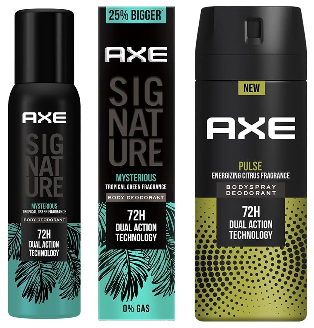 Signature Mysterious No Gas Deodorant Bodyspray For Men 154 ml and Axe Pulse Long Lasting Deodorant Bodyspray For Men 150 ml
