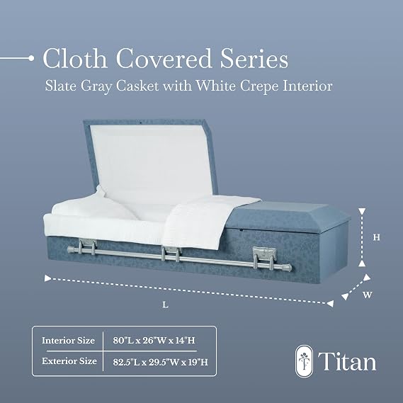Titan Casket Oversized Slate Gray Cloth Covered Casket with White Crepe Interior | Handcrafted Large Funeral Casket for Dignified Burial Services