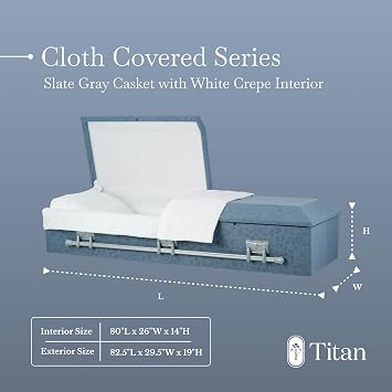 Titan Casket Oversized Slate Gray Cloth Covered Casket with White Crepe Interior | Handcrafted Large Funeral Casket for Dignified Burial Services