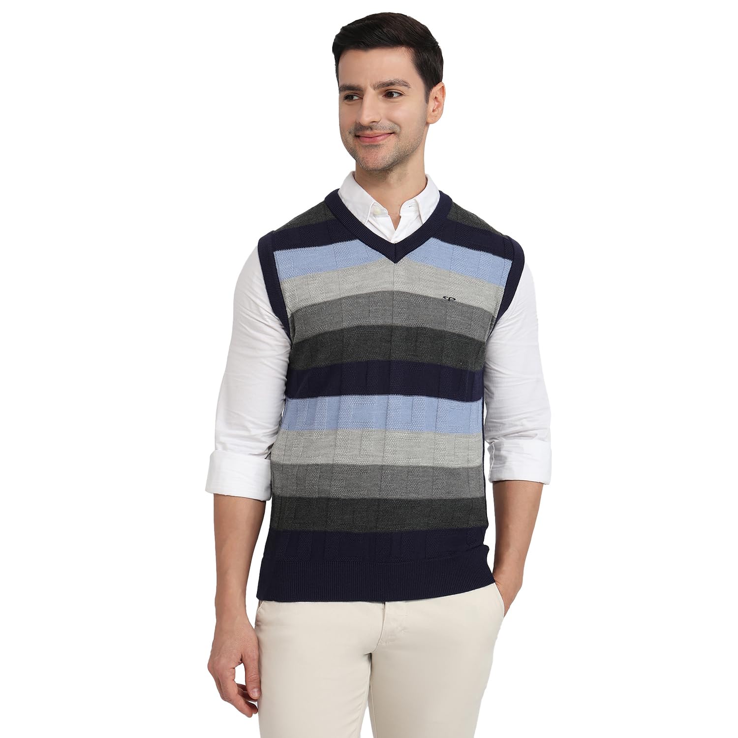 Men Regular Fit Jacquard Pattern Acrylic Wool Blend Sleeveless V Neck Casual Sweater Blue