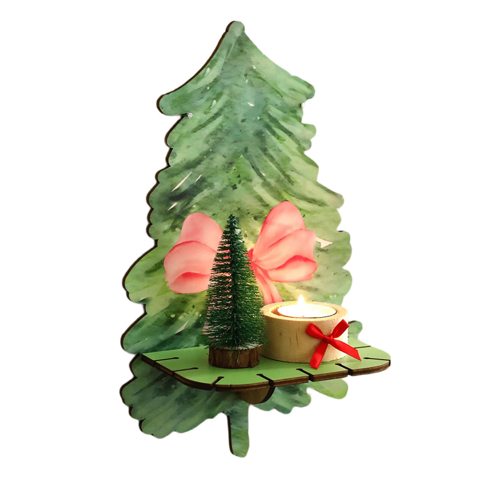 Carotoe Multicolor Wood Wall Shelves Christmas Tree Floating Wall Shelf With Bows Pattern Holiday Display Rack Living Room Christmas Decors Bowknot Pattern Floating Shelves