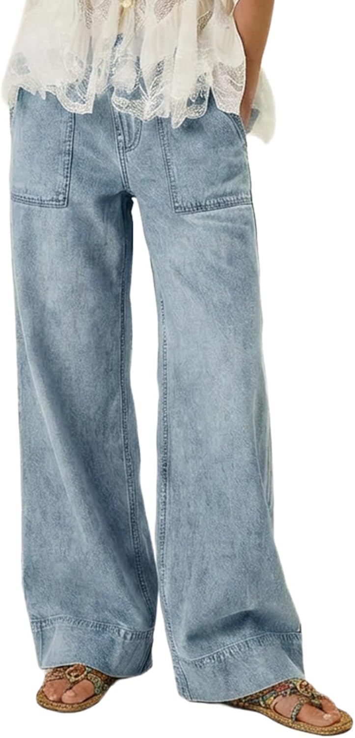 Women's Wide Leg Jeans Soft Baggy Low Mid Rise Elastic Waist Pull On Denim Pants Trendy Y2k