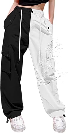 Cromoncent Womens High Waist Parachute Pants Y2K Cargo Trousers with Pockets, Colorblock-White Black, L