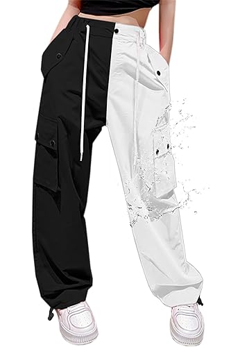 Cromoncent Cargo Pants Girls & Women Parachute Pants Y2K Baggy Rave Clothes Waterproof with Pockets, 6 Years - 3XL - XX-Large - Colorblock-white Black