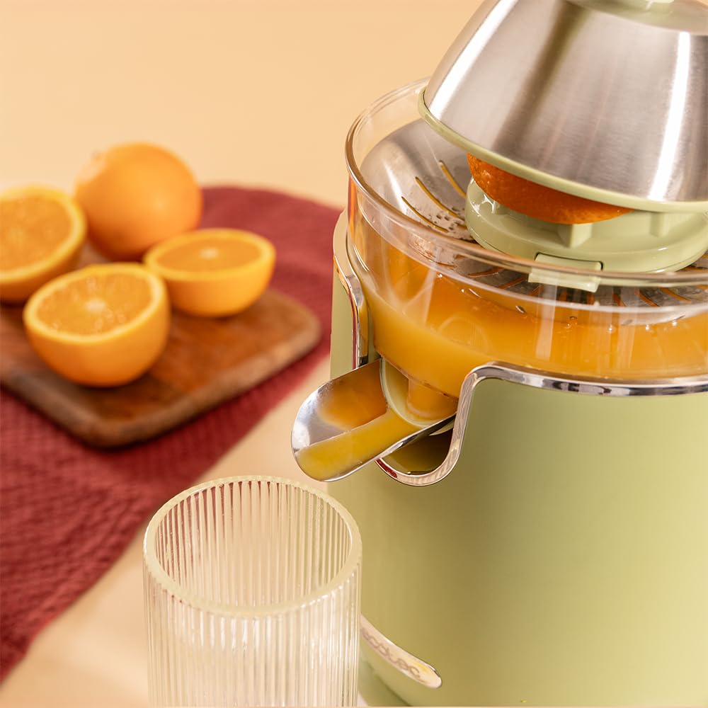 Cecotec Presse-agrumes électrique Xqueeze RetroJuice 1000 Green. Pour oranges et agrumes, 1000 W, filtre inox, 2 cônes amovibles, capacité 500 ml, compatible lave-vaisselle.