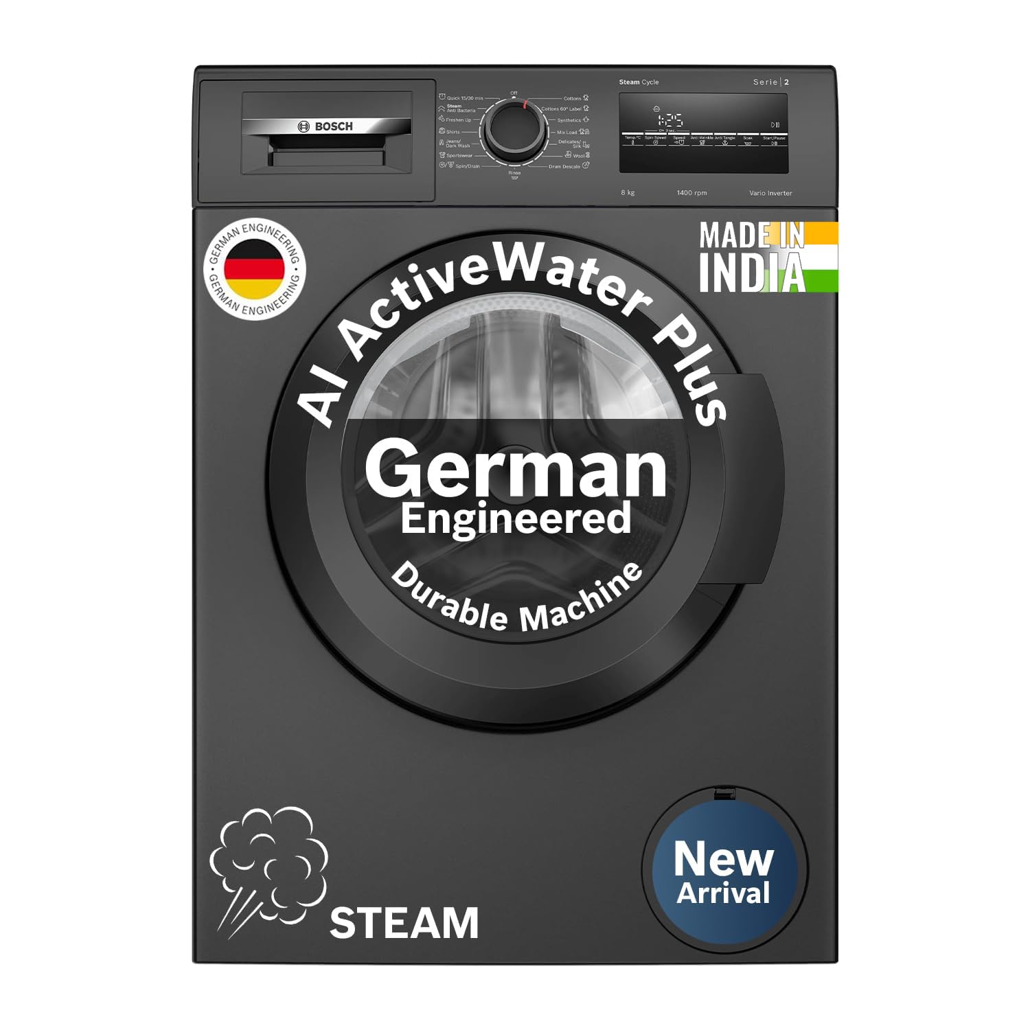 Bosch 8 kg, 5 Star, AI active water+, Anti-Tangle, Steam Anti Bacterial, Anti-Wrinkle Fully-Automatic Front Loading Washing Machine (WAJ2826CIN, In-Built Heater, Black Grey)-image-34