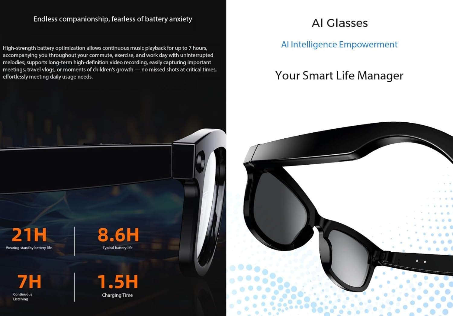 AI Glasses with 8 megapixel Camera, Anti Shake 1200P Video Recording, AI simultaneous Translation - Transparent Anti Blue Light Style