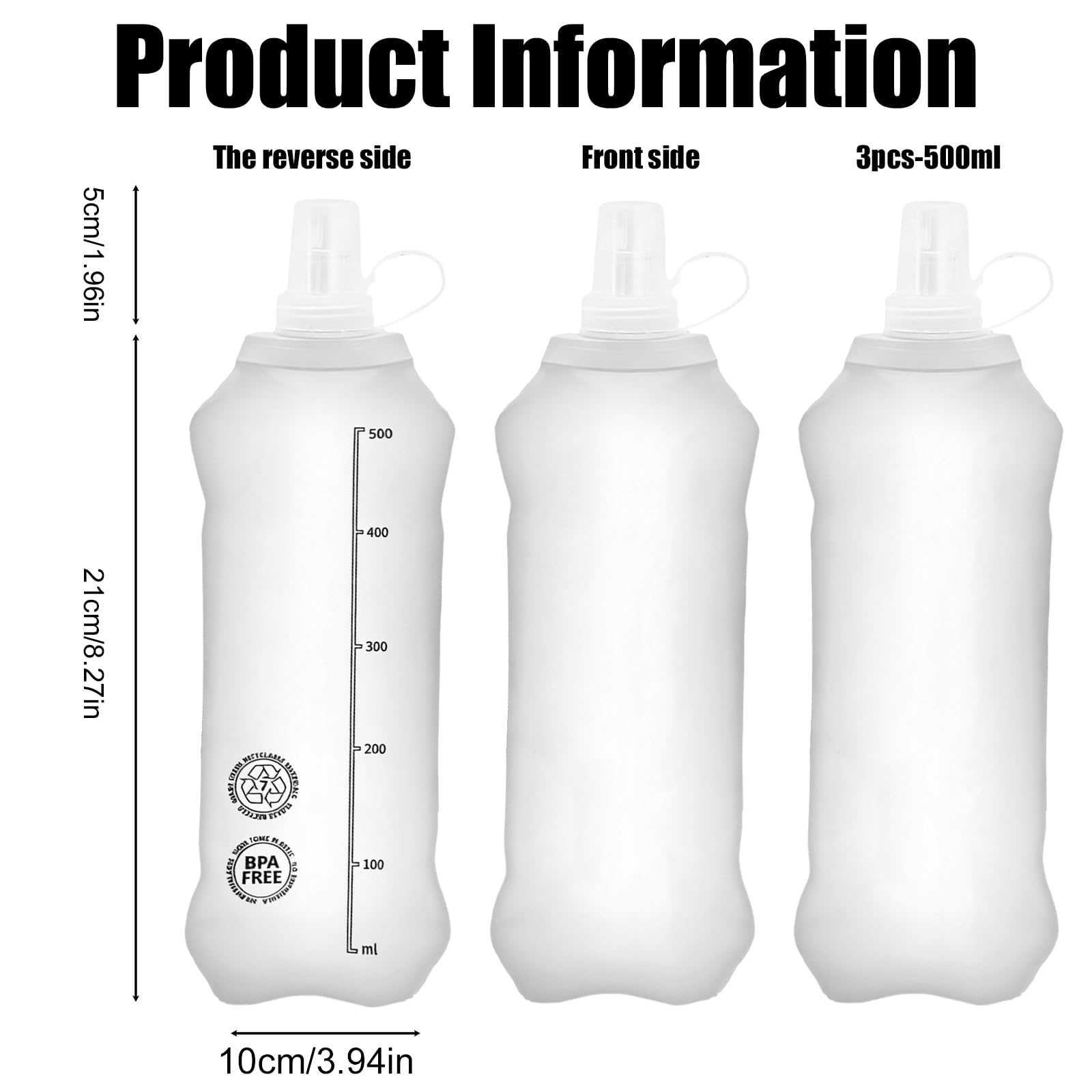 3 borracce pieghevoli, 500 ml, senza BPA, Soft Flask, pieghevoli, in TPU, per escursioni, campeggio, corsa, maratona