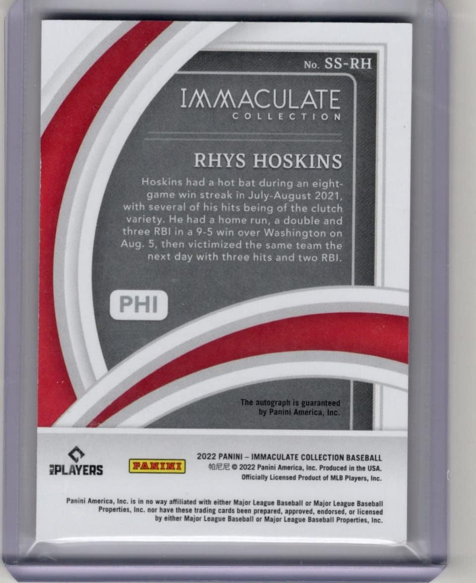 Rhys Hoskins Autographed & Serial Numbered #99/99 Immaculate Signature Collection Special Insert Collectible Baseball Card - 2022 Panini Immaculate Baseball Card #sS-RH (Phillies) Free Shipping