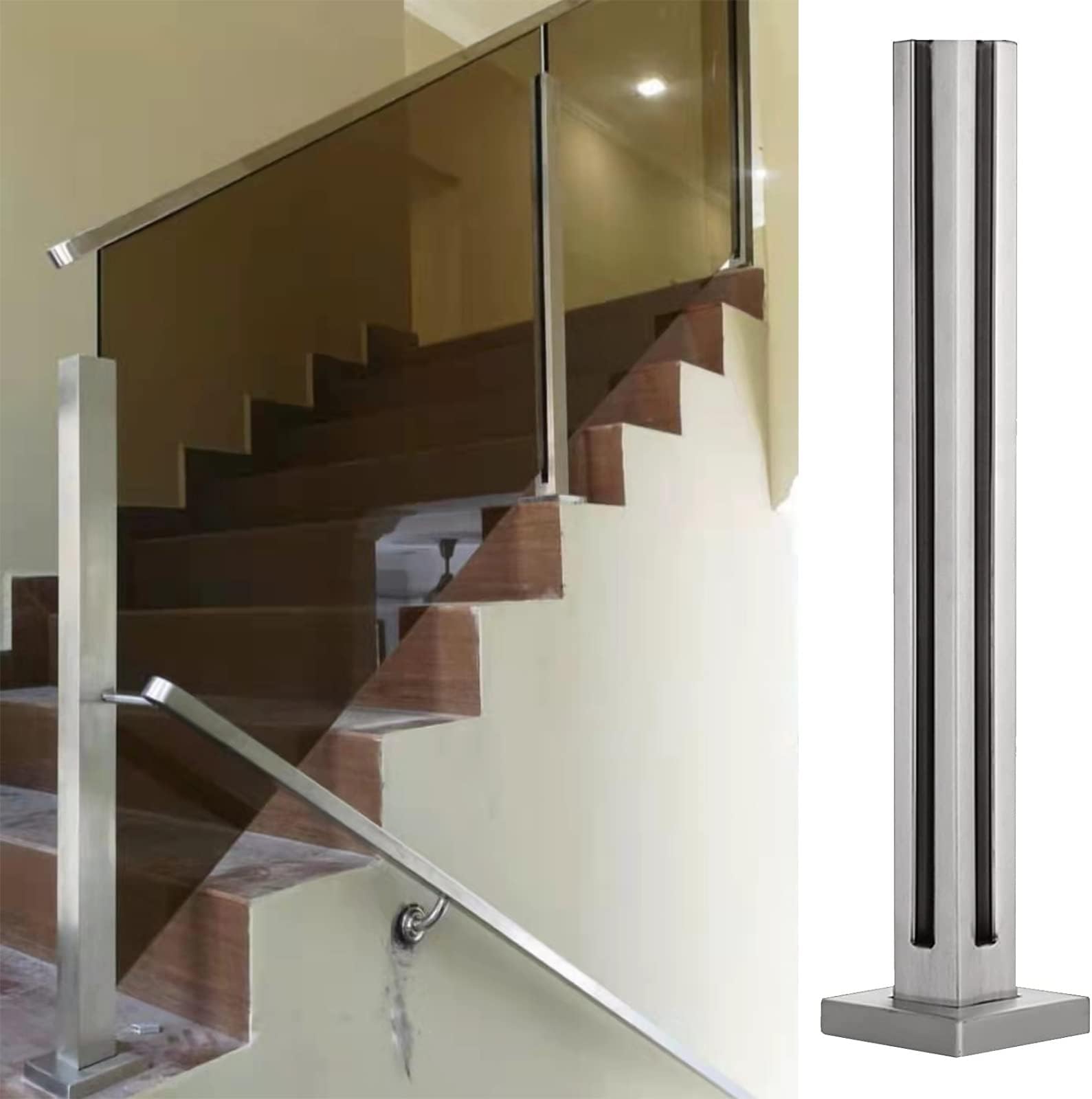 LZMZMQ Tempered Glass Railing Square Standoff, for Stairway Steps Deck Hotel 10-12 mm Panels Clear View Black Base Rail Brackets System/Fencing Upright Post, 65 75 85 95 105 115 125 135 145 155 cm