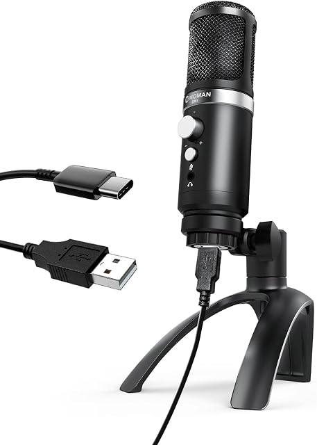 Moman USB-Computer-Microphone,MOMAN EM1 Desktop Condenser Cardioid Mic Plug&Play with Real-Time Monitoring Adjustable Gain&Mute Button for Live Streaming,YouTube,Online Teaching,Video Recording