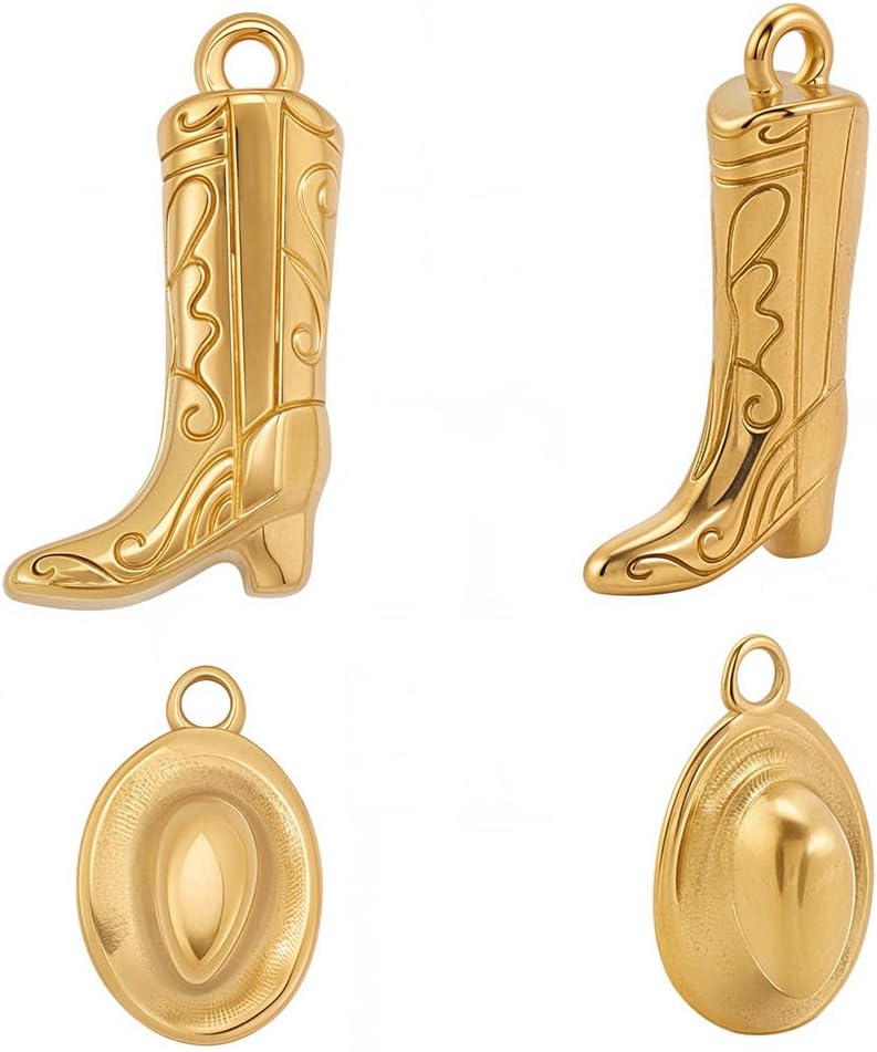Beebeecraft 1 Box 8Pcs Cowboy Boot And Hat Charms 18K Gold Plated 304 Stainless Steel Western Antique Cowgirl Charm for Jewelry Making Bracelet Necklace DIY Crafts