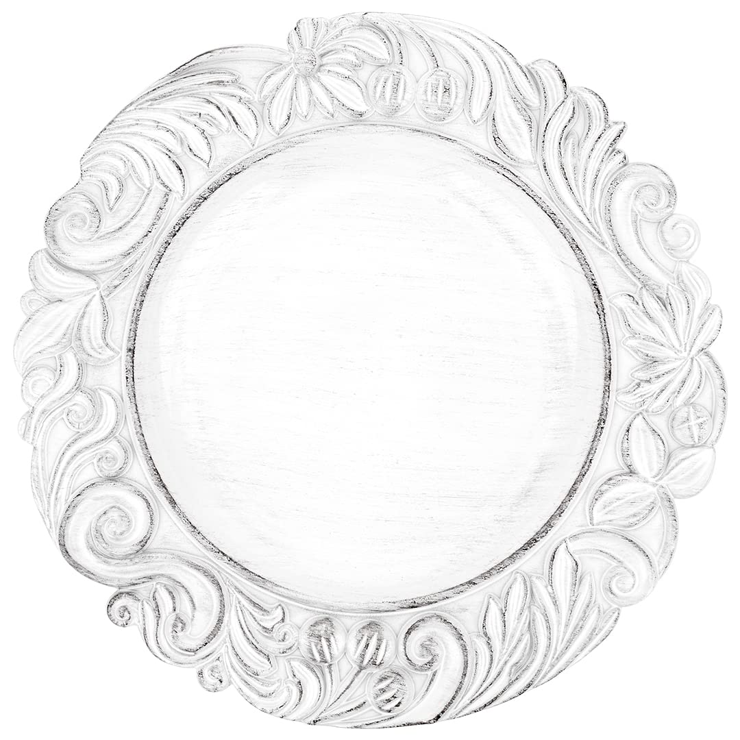 Koyal Wholesale 14-Inch Antique White Baroque Charger Plates Set of 4 for Weddings Holidays Events Bulk Heavy Duty Acrylic Charger Plates for Dinnerware Tableware Table Settings