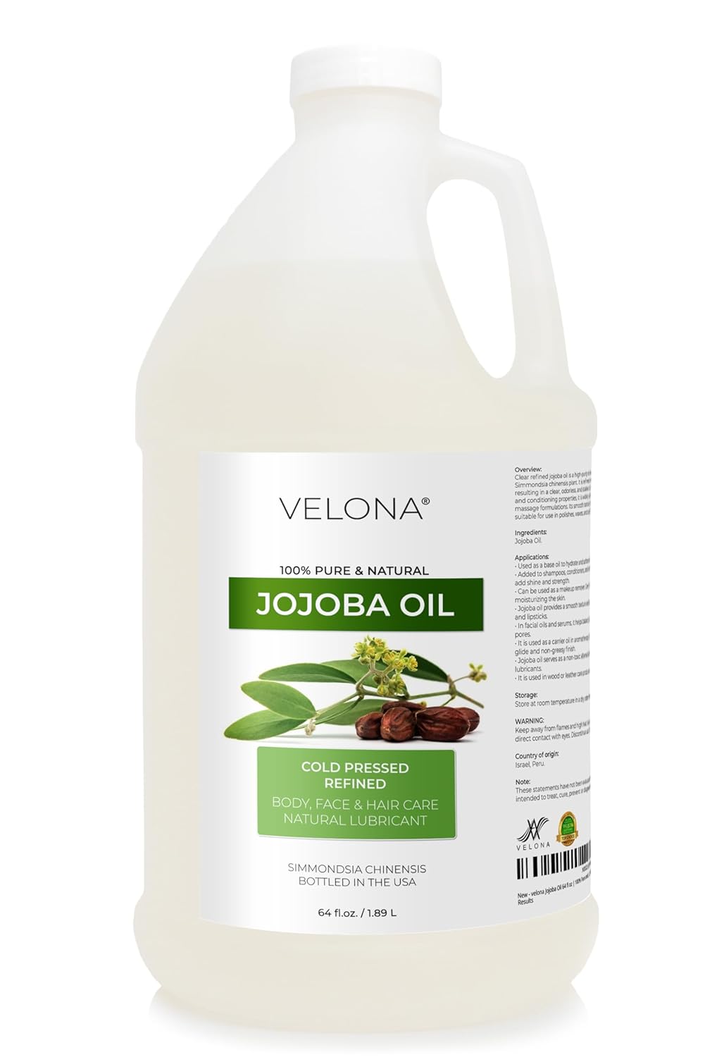 velona Jojoba Colorless Oil 64 fl oz | 100% Pure and Natural Carrier Oil | Clear, Refined, Cold Pressed | Moisturizing Face, Hair, Body and Skin Care | Use Today - Enjoy Results
