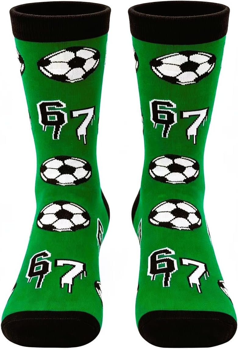 67 Socks World Cup 2026 Soccer Green Crew Socks with Soccer Ball & Number 67 Funny Socks