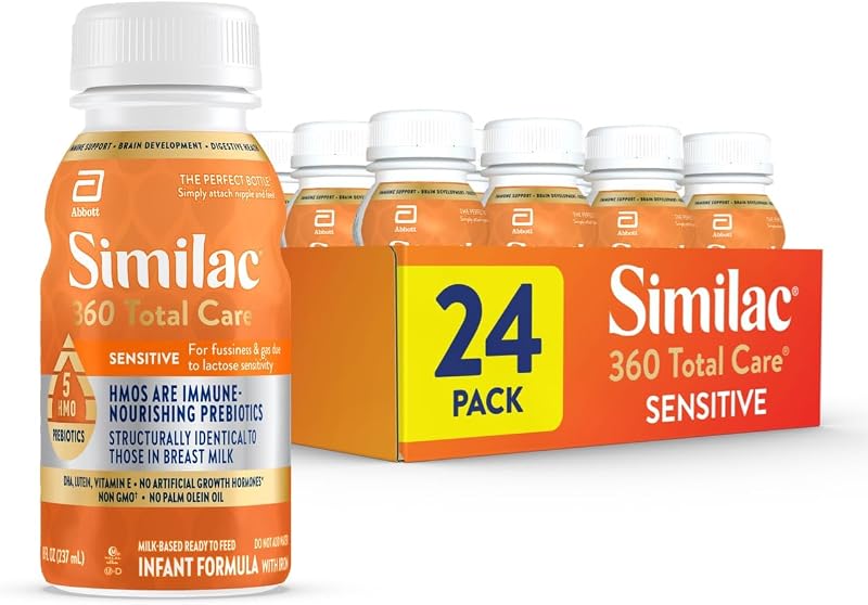 Similac 360 Total Care Sensitive Infant Formula for Fussiness & Gas Due to Lactose Sensitivity, Has 5 HMO Prebiotics, Liquid Baby Formula, Ready to Feed, 8-fl-oz Bottle, Pack of 24 | Infant Formula for Babies with Lactose Sensitivity Immune System, Brain Development, Digestive Health Support, 8-fl-oz, 24pk