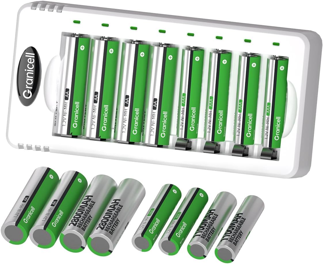 Granicell AA AAA Rechargeable Batteries with Charger,16 Pack of High Capacity AA 2800mAh & AAA 1100mAh,1.2V NiMH Low Self Discharge with Smart 8 Bay USB Fast Charging Charger