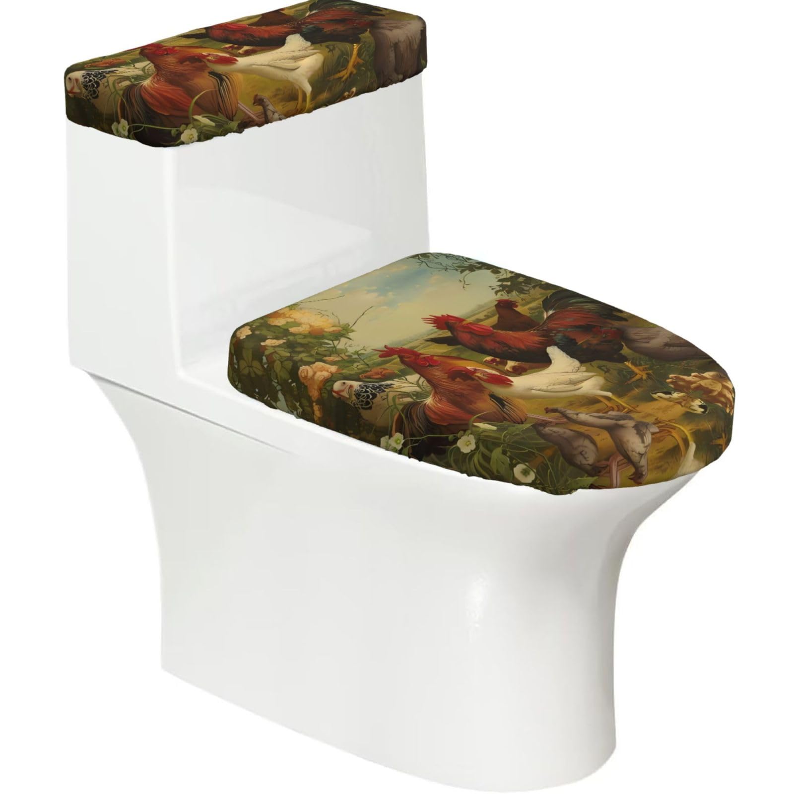 Chickens and Farm 2-Piece Toilet Seat Cover Set with Tank Lid - Elastic for U-Shape & Elongated - Bathroom Decor