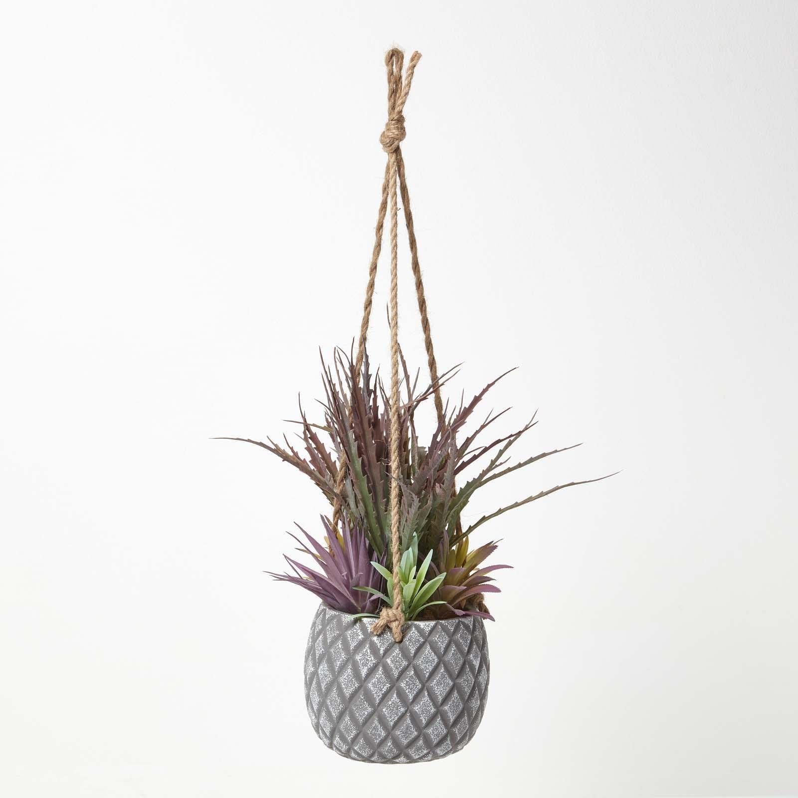 HOMESCAPES Plante grasse Artificielle à Suspendre, Plante Suspendue succulentes en Pot Gris