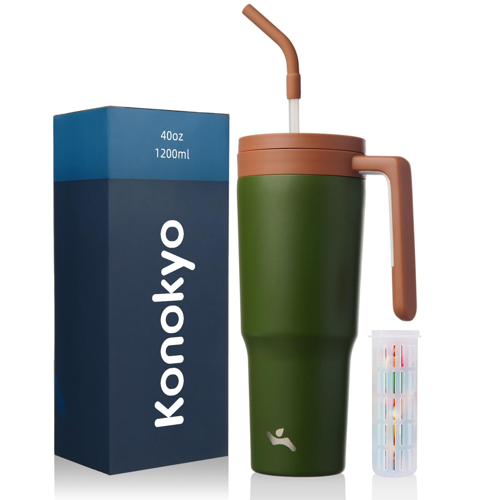 Konokyo Insulated Tumbler with Handle and Straw,40 OZ Vacuum Stainless Steel Water Bottle Travel Mug Metal Cup with Fruit Diffuser,Forest Green