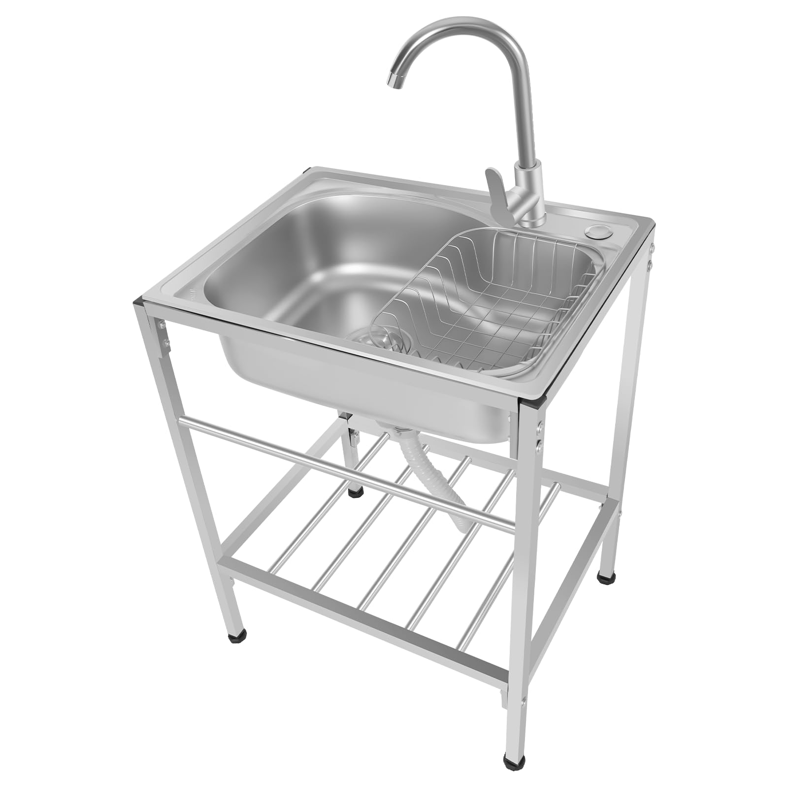 Lavabo indipendente in acciaio inox, 60 x 45 x 75 cm, 1 vasca, mobile per garage industriale, per esterni, giardino, campeggio, con rubinetto, scolapasta per lavanderia, garage, cortile